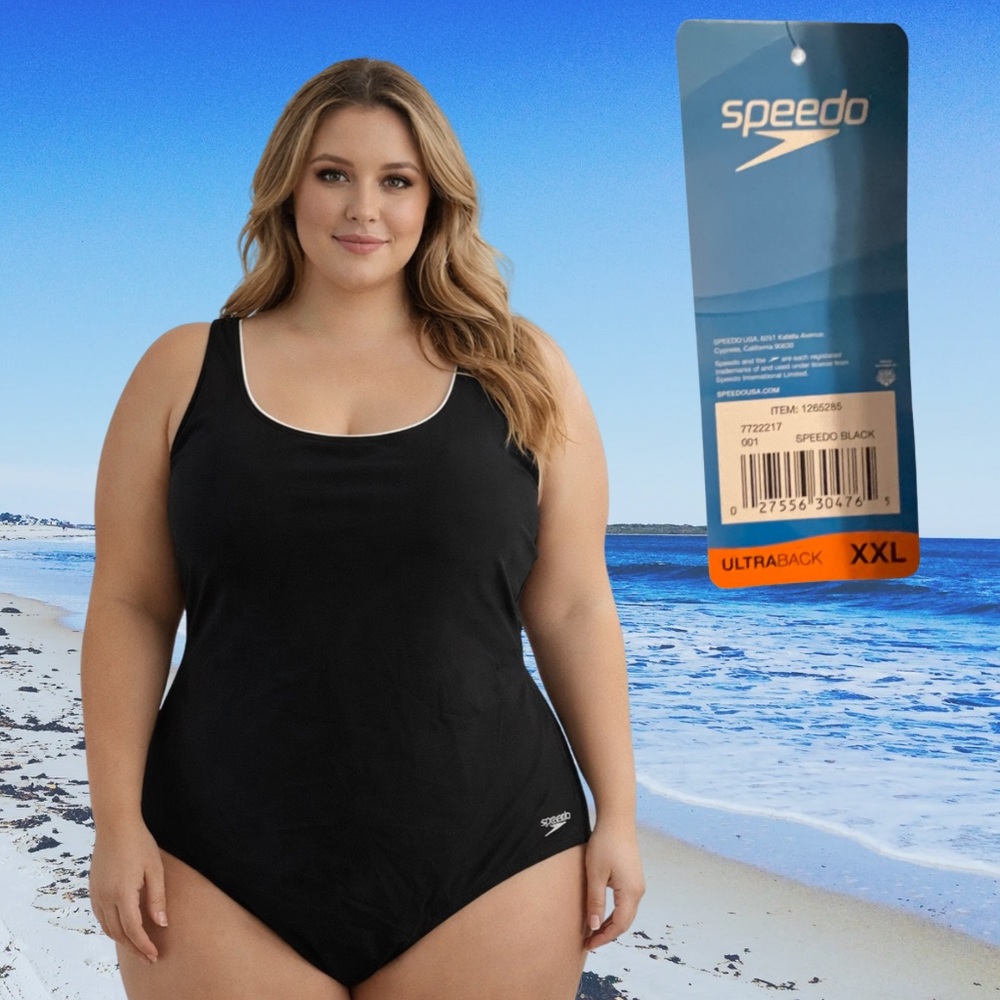NWT SPEEDO Womens One Piece Swimsuit Black White Ultraback Athletic Training XXL